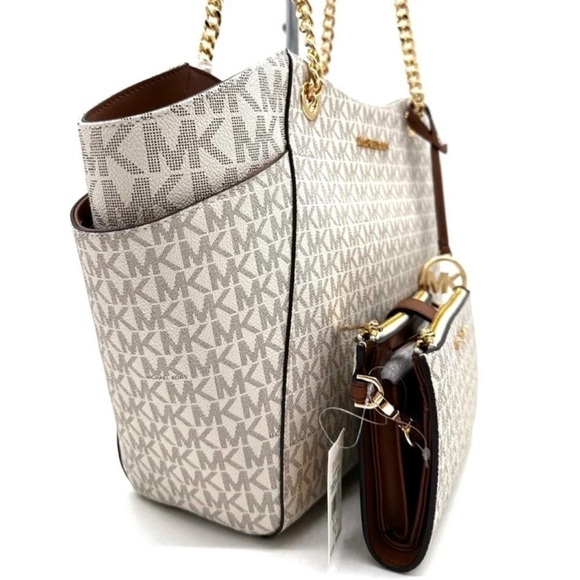 Michael Kors Large Jet Set Travel Chain Shoulder Bag & Double Zip Wallet Vanilla - Picture 4 of 15